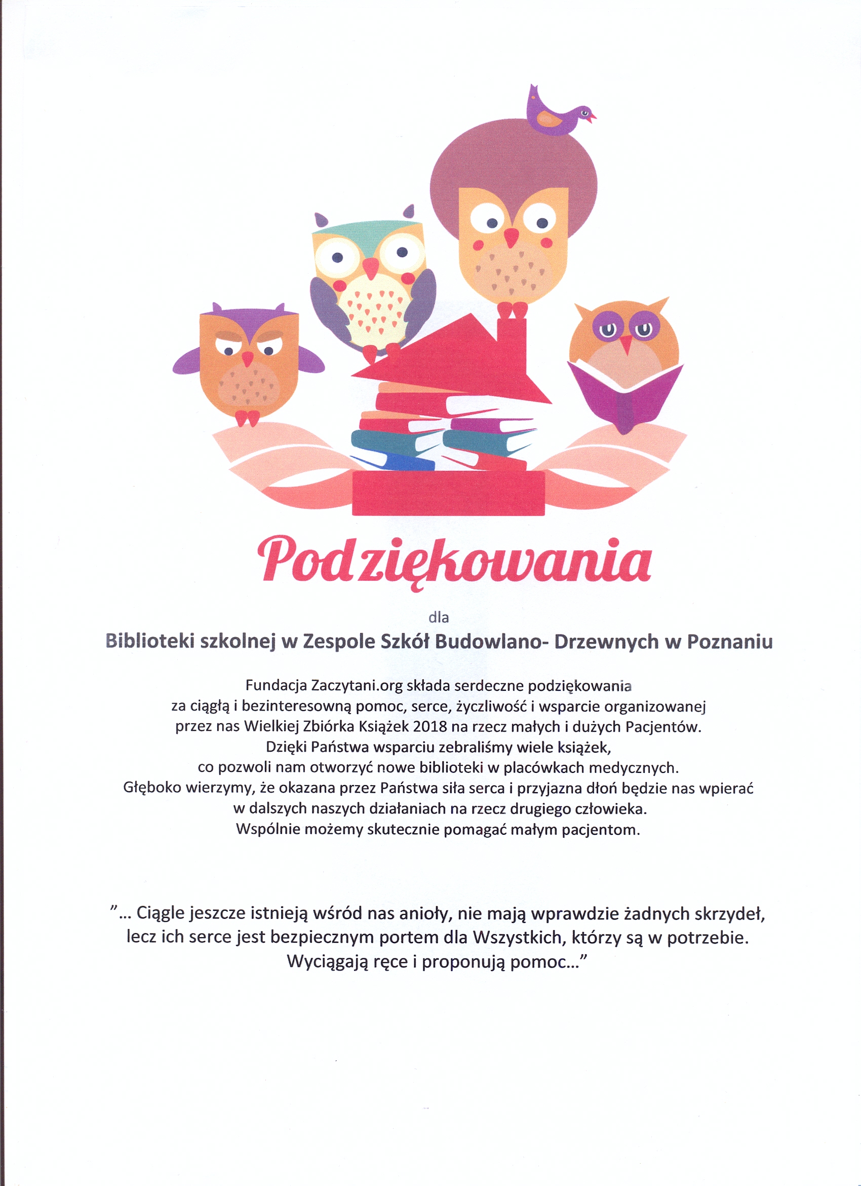 podziekowanie zbiorka ksiazek