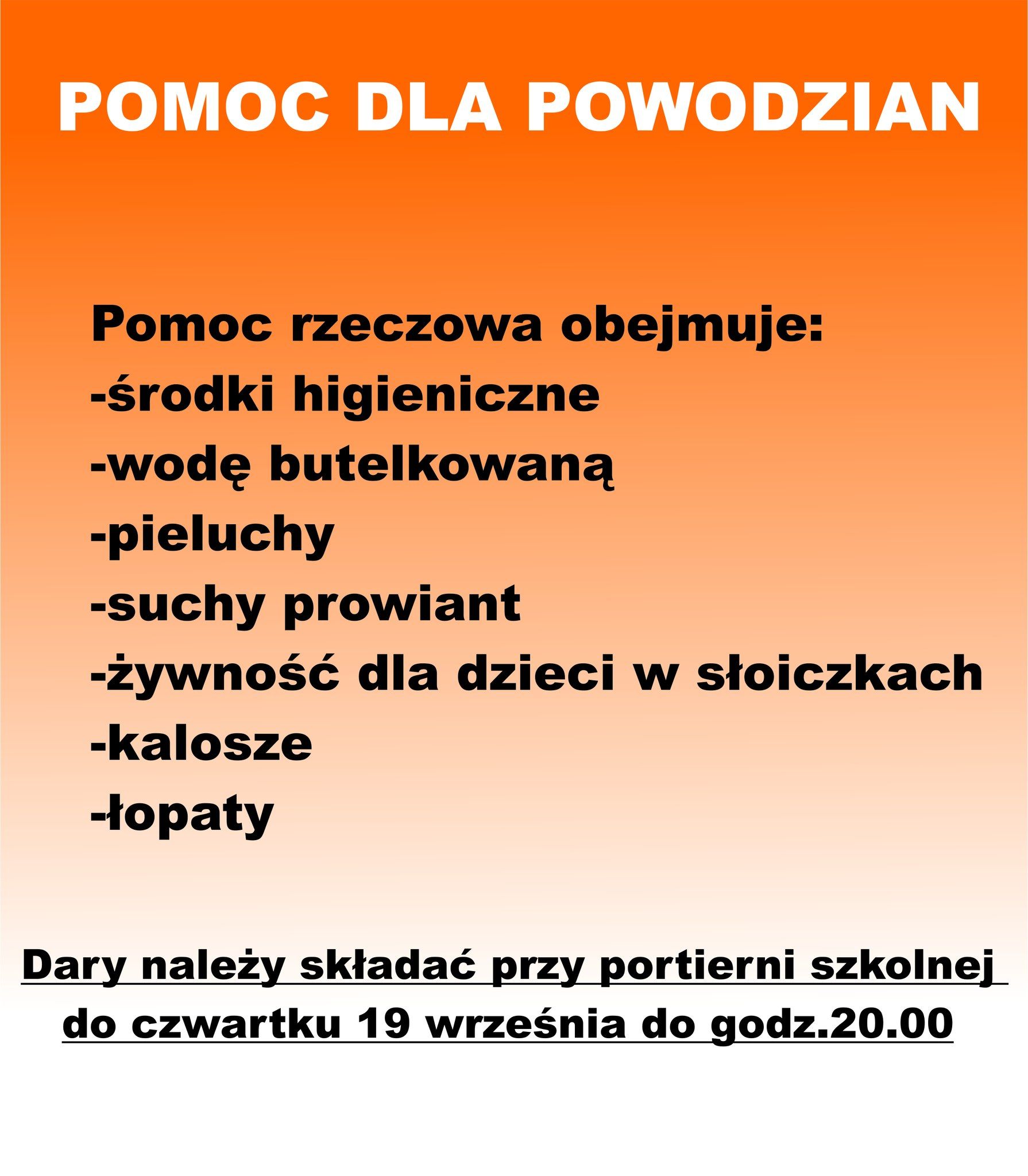 Pomoc dla Powodzian - zbiórka darów w ZSB-D trwa!